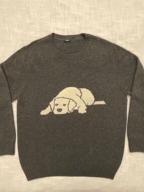 Benson Men’s Grey Wool Blend Knit Obi Sweater Lying Labrador Retriever Dog XL